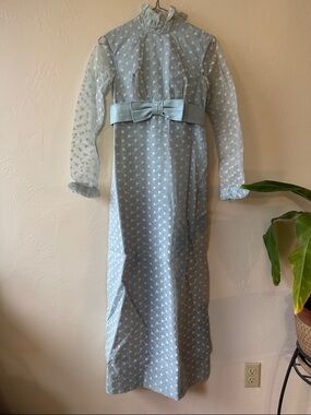 Light Blue Polka Dot Mesh Maxi Dress with Bow Waist. 1960’s formal dress